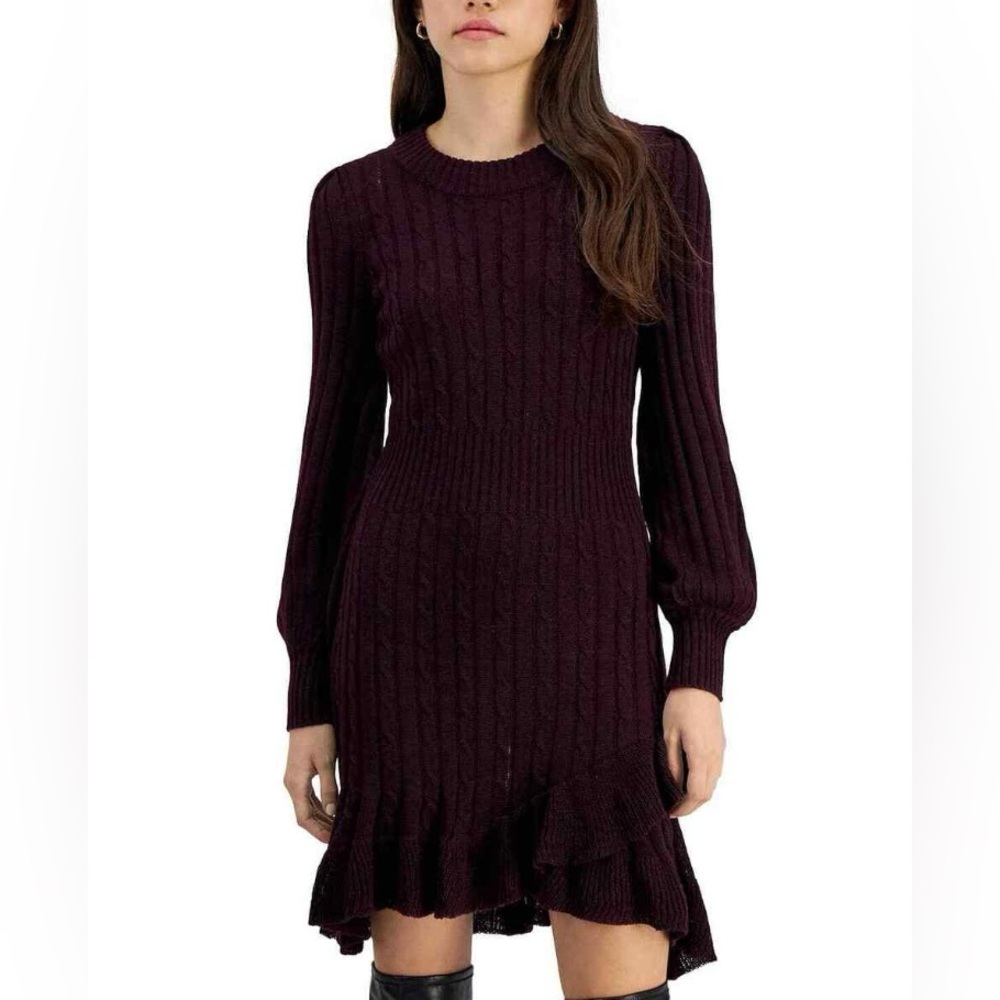 Melonie T Women's Plum Ruffled-Hem Cable-Knit Sweater Dress - S
